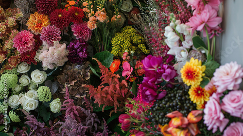 A vibrant display of diverse flowers at a local market showcasing seasonal blooms arranged beautifully for sale in a colorful assortment