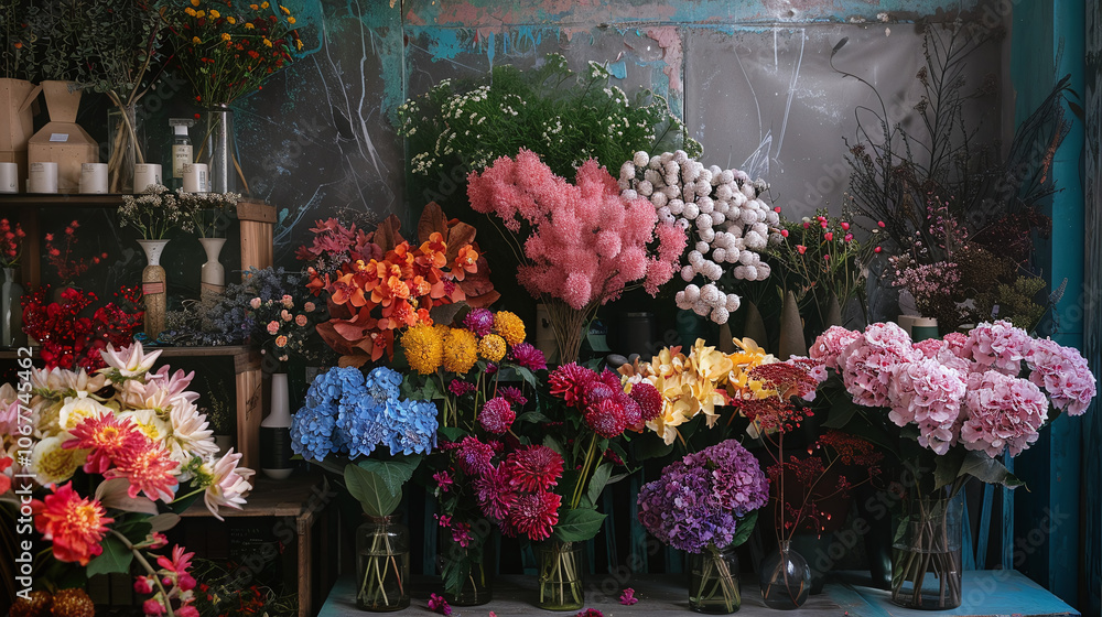 A vibrant flower shop display featuring a variety of colorful blooms arranged in glass vases, capturing the essence of nature in a cozy setting during daylight A vibrant flower shop display featuring a variety of colorful blooms arranged in glass vases, capturing the essence of nature in a cozy setting during daylight