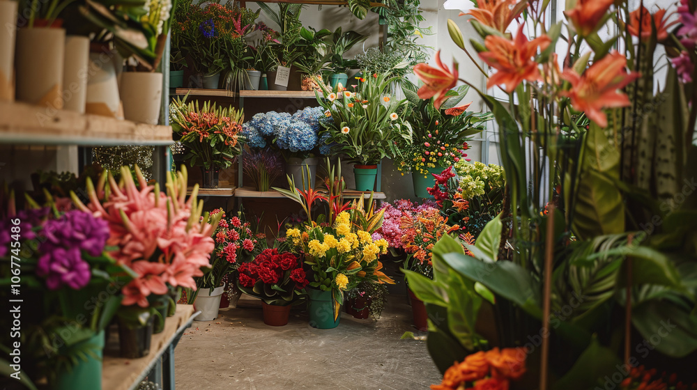 A vibrant flower shop filled with colorful arrangements showcasing a variety of blooms such as lilies, roses, and tropical flowers in pots and vases during daylight hours