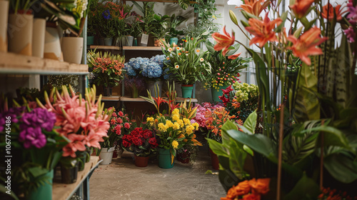 Obraz na płótnie A vibrant flower shop filled with colorful arrangements showcasing a variety of blooms such as lilies, roses, and tropical flowers in pots and vases during daylight hours w salonie