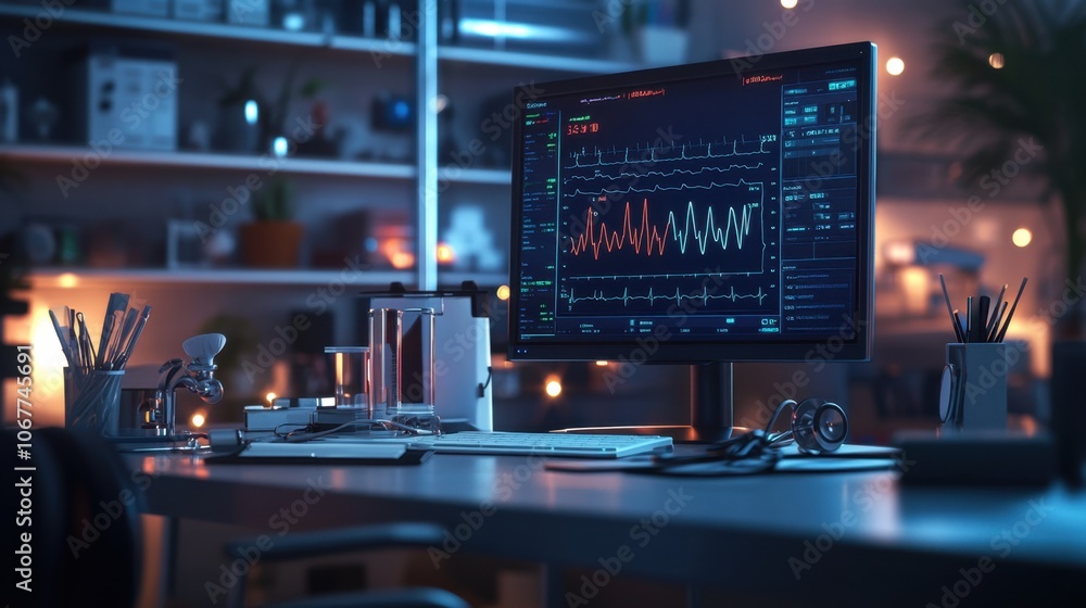 Medical Workstation with Computer Displaying Real-Time ECG Graph and Heart Monitoring Data in Clinical Office, with Stethoscope and Instruments for Patient Analysis Medical Workstation with Computer Displaying Real-Time ECG Graph and Heart Monitoring Data in Clinical Office, with Stethoscope and Instruments for Patient Analysis