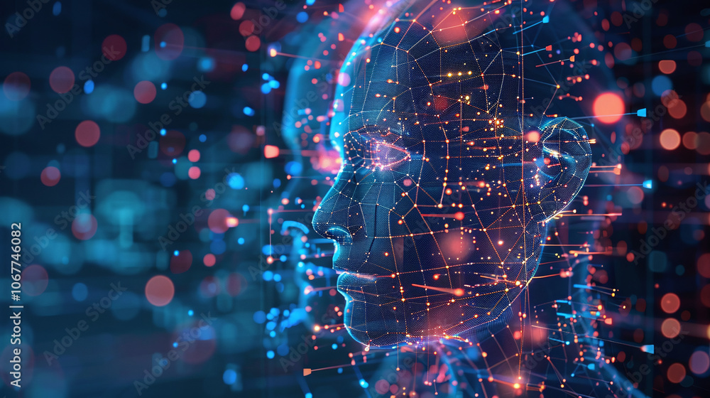 Digital representation of a cybernetic head in a futuristic environment, showcasing interconnected nodes and glowing lights symbolizing artificial intelligence and technology Digital representation of a cybernetic head in a futuristic environment, showcasing interconnected nodes and glowing lights symbolizing artificial intelligence and technology