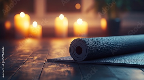 A rolled-up yoga mat sits on a wooden floor, bathed in the warm glow of candlelight.