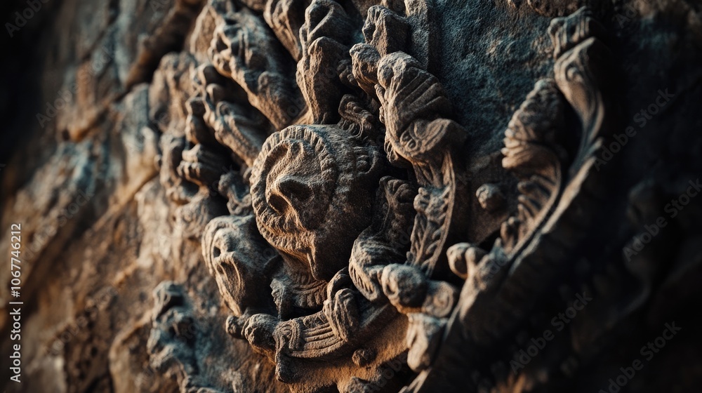 Close-up of intricate carvings on a stone wall, showcasing the artistry of ancient civilizations. Close-up of intricate carvings on a stone wall, showcasing the artistry of ancient civilizations.