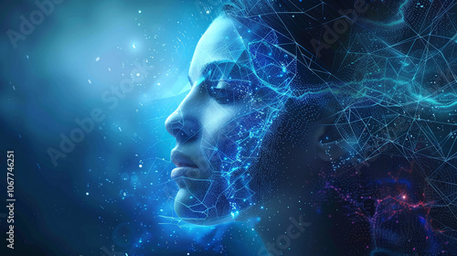 A serene profile of a person with glowing blue circuitry and digital patterns, representing a fusion of human identity and technology in a futuristic concept