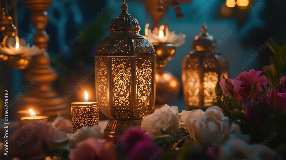 Intricate metal lanterns cast a warm glow on a table adorned with white roses and purple flowers. Intricate metal lanterns cast a warm glow on a table adorned with white roses and purple flowers.