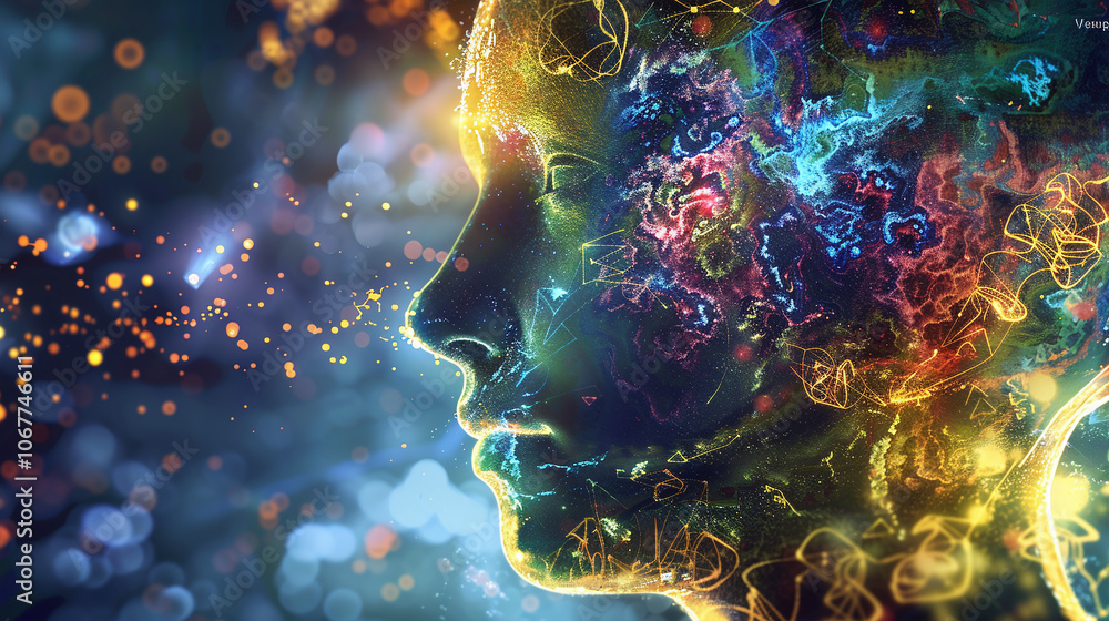 A colorful representation of human thoughts and emotions, highlighting a profile surrounded by vibrant abstract patterns in a dreamy setting A colorful representation of human thoughts and emotions, highlighting a profile surrounded by vibrant abstract patterns in a dreamy setting