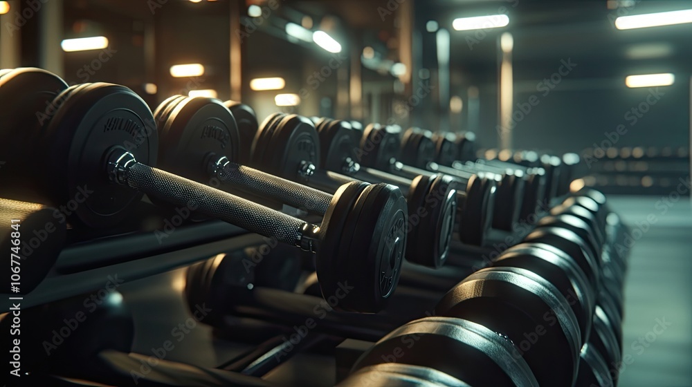 Rows of dumbbells lined up neatly in a gym, ready for a workout.