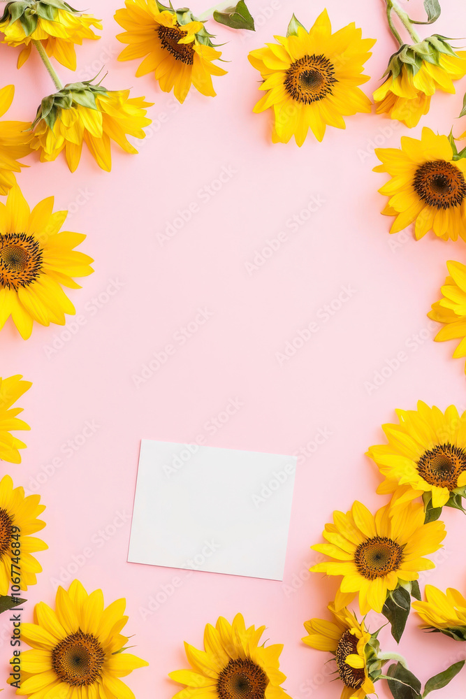 Vertical Sunflowers pink background. Festive holiday greeting card for Birthday, Woman or Mothers Day, blank copy paper and a greeting card. View from above. Vertical Sunflowers pink background. Festive holiday greeting card for Birthday, Woman or Mothers Day, blank copy paper and a greeting card. View from above.