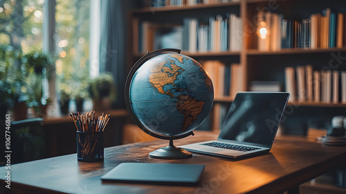 A Creative Home Desk Setup Showcasing Educational Materials from Varied Cultures and a Laptop for Virtual Classroom Experiences