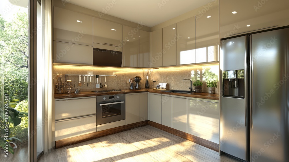 Modern Kitchen Interior with Stainless Steel Appliances and Wood Accents Modern Kitchen Interior with Stainless Steel Appliances and Wood Accents
