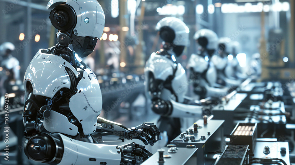 Robotic assembly line with advanced humanoid robots working on production tasks in a high-tech factory environment during daytime hours Robotic assembly line with advanced humanoid robots working on production tasks in a high-tech factory environment during daytime hours