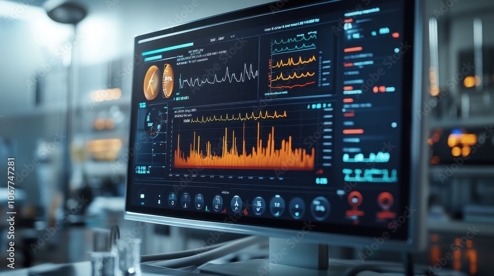 High-Detail Medical Screen Displaying Patient Health Indicators with Colorful Graphs in Clinical Setting, Including Blood Pressure and Glucose Levels High-Detail Medical Screen Displaying Patient Health Indicators with Colorful Graphs in Clinical Setting, Including Blood Pressure and Glucose Levels
