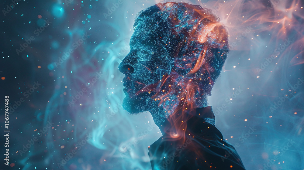 A profile silhouette of a person blended with cosmic elements and vibrant colors swirling around, representing the connection between humanity and the universe A profile silhouette of a person blended with cosmic elements and vibrant colors swirling around, representing the connection between humanity and the universe