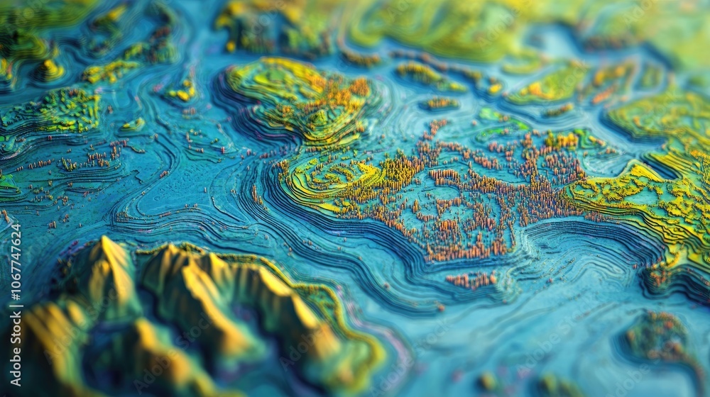 Obraz premium Abstract topographic map with a focus on a coastal area with a mountain range in the background.