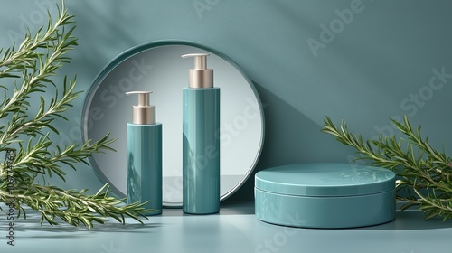 Wallpaper Mural Elegant teal skincare bottles with rosemary sprigs, reflected in a circular mirror, creating a fresh, modern vibe. Torontodigital.ca