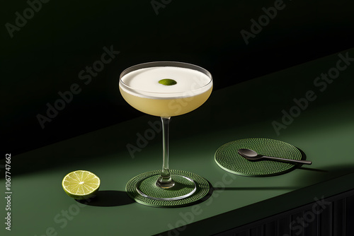 A margarita in an Old Fashioned glass, placed on a dark green background, the vibrant lime green drink contrasting beautifully with the rich, moody backdrop photo