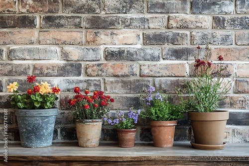 flower pots at the brick wall