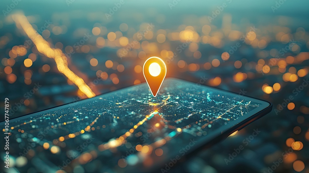 A glowing location pin icon sits on a tablet, showing a digital map with city lights in the background. A glowing location pin icon sits on a tablet, showing a digital map with city lights in the background.