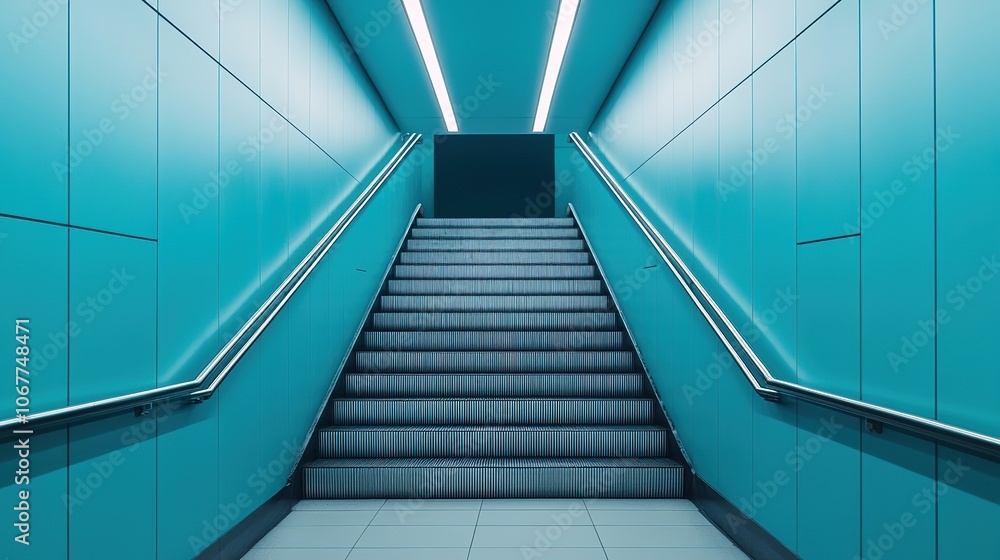 A modern, minimalistic staircase leads upward, framed by smooth turquoise walls and bright overhead lighting, creating a serene urban atmosphere. A modern, minimalistic staircase leads upward, framed by smooth turquoise walls and bright overhead lighting, creating a serene urban atmosphere.