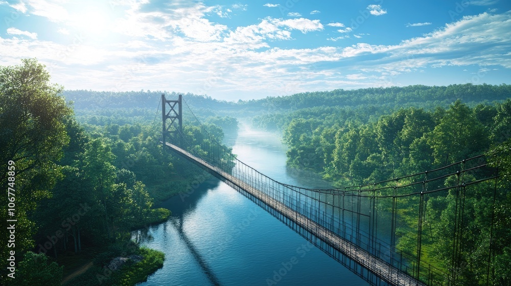 A suspension bridge stretches across a serene river surrounded by lush greenery. A suspension bridge stretches across a serene river surrounded by lush greenery.
