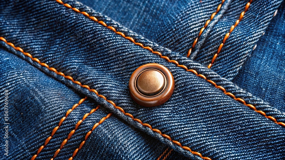 Close-up of blue denim fabric with orange stitching and metallic buttons , denim, fabric, blue, close-up, texture, textile