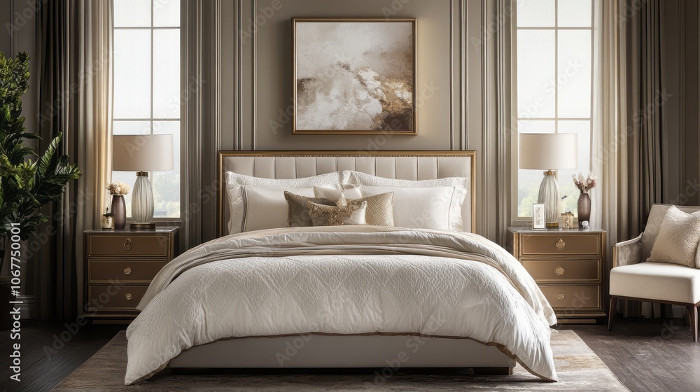 A luxuriously decorated bedroom with a plush white bed and gold accents. A luxuriously decorated bedroom with a plush white bed and gold accents.