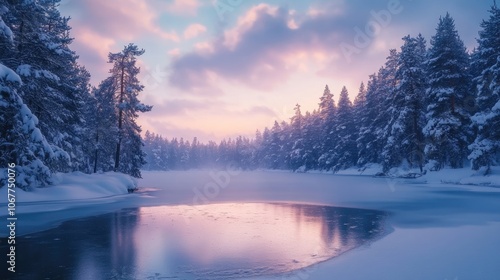 Wallpaper Mural A serene winter scene with a frozen lake reflecting the pink and blue hues of a stunning sunset. Torontodigital.ca
