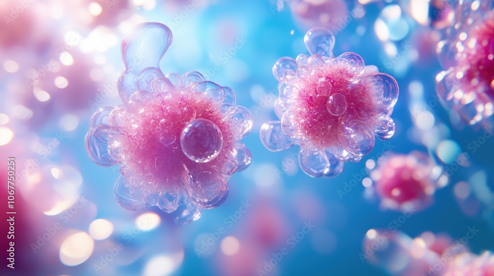 Close-up visualization of pink molecular forms with a soft glow, evoking a futuristic look at microbiology. Close-up visualization of pink molecular forms with a soft glow, evoking a futuristic look at microbiology.