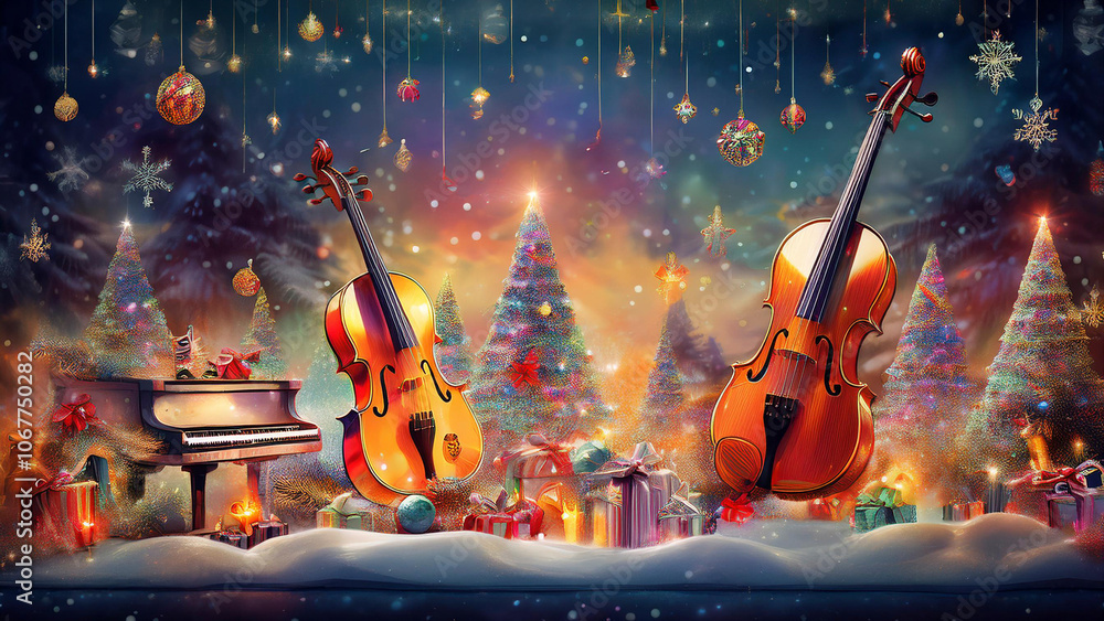 Fototapeta premium Christmas Music: Instruments and Floating Notes on a Festive Background