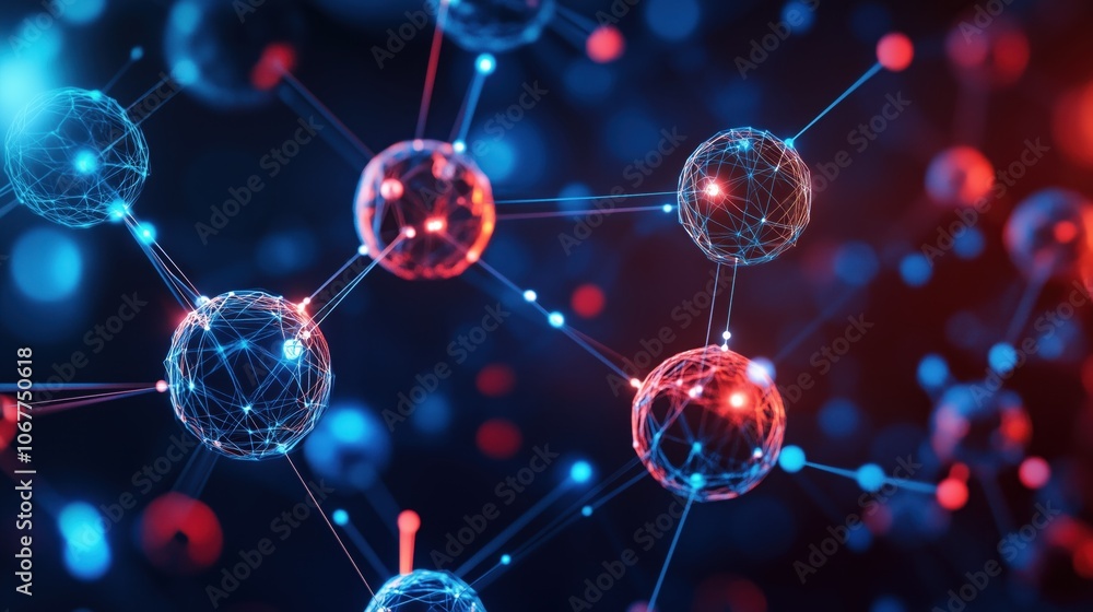 Digital network concept with red and blue spherical nodes connected by lines, representing data flow. Digital network concept with red and blue spherical nodes connected by lines, representing data flow.