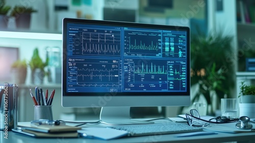 Wallpaper Mural Professional Medical Office with Detailed Timeline Graph of Patient's Vital Signs on Computer Monitor, Tracking Health Changes Over Several Days Torontodigital.ca