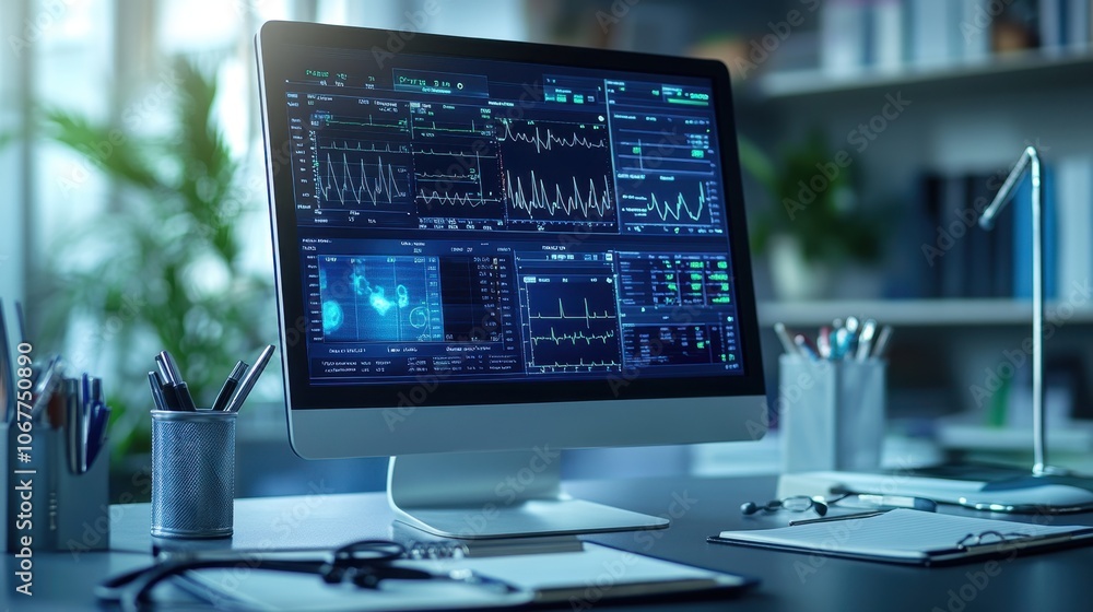 Professional Medical Office with Detailed Timeline Graph of Patient's Vital Signs on Computer Monitor, Tracking Health Changes Over Several Days Professional Medical Office with Detailed Timeline Graph of Patient's Vital Signs on Computer Monitor, Tracking Health Changes Over Several Days