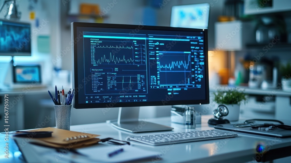 Professional Medical Office with Detailed Timeline Graph of Patient's Vital Signs on Computer Monitor, Tracking Health Changes Over Several Days Professional Medical Office with Detailed Timeline Graph of Patient's Vital Signs on Computer Monitor, Tracking Health Changes Over Several Days
