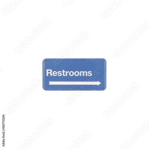 Blue and white restroom sign with arrow on white background photo