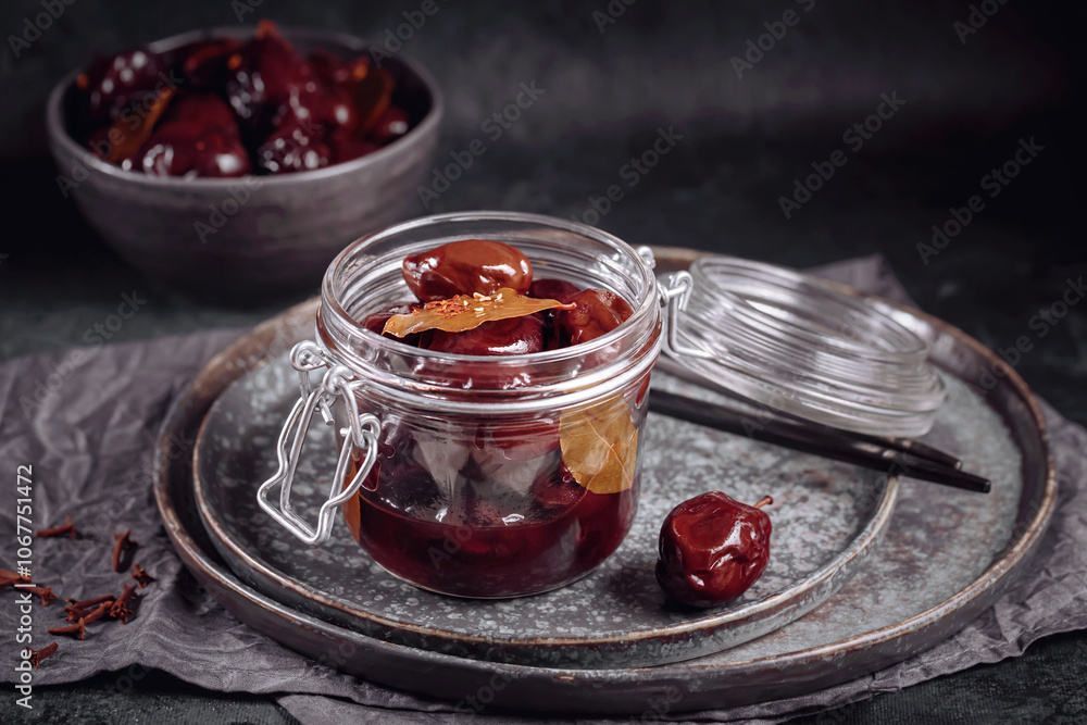 Marinated plums with spices in glass jar on the kitchen table. Homemade canning. Vegetable snack for winter. Marinated plums with spices in glass jar on the kitchen table. Homemade canning. Vegetable snack for winter.