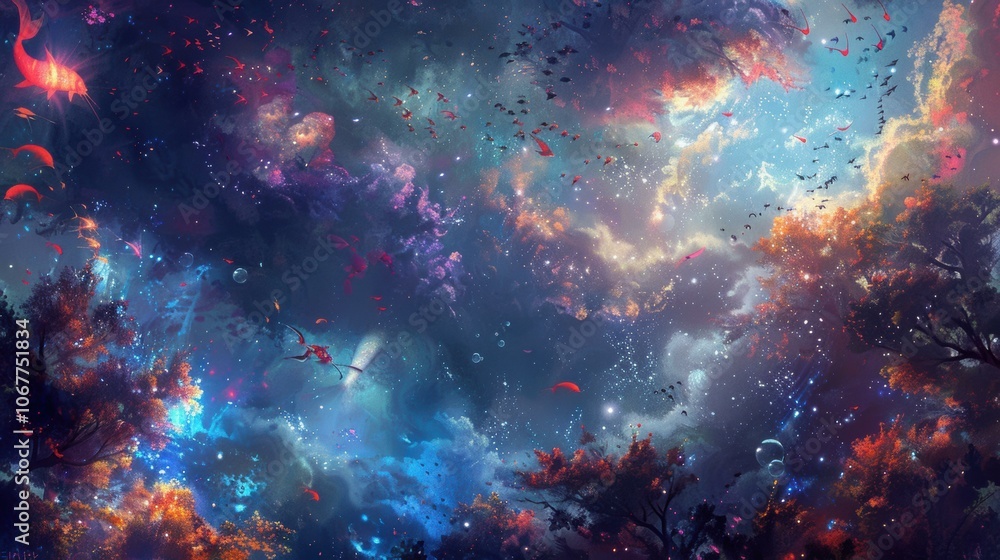 Obraz premium A surreal landscape with a starry sky and trees. AI.