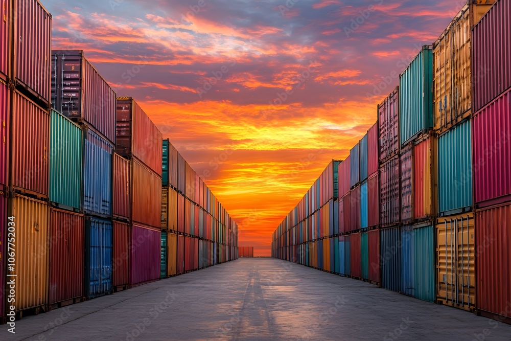 Fototapeta premium Colorful Shipping Containers Under Vibrant Sunset Sky