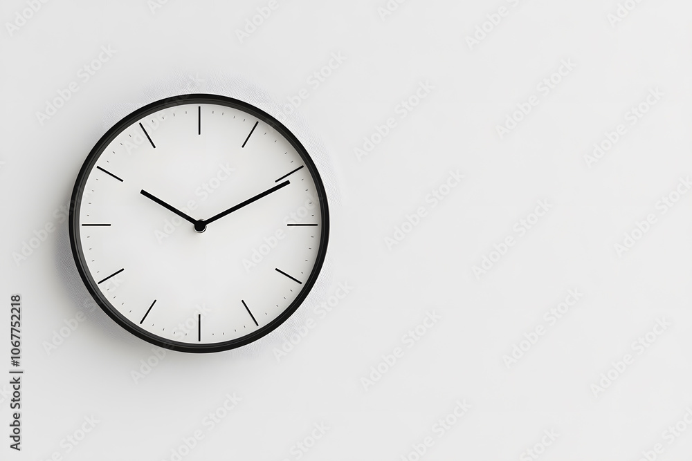 A minimalist round wall clock with a white face, featuring simple black markings and sleek hands, creating a clean, modern look for any contemporary space A minimalist round wall clock with a white face, featuring simple black markings and sleek hands, creating a clean, modern look for any contemporary space