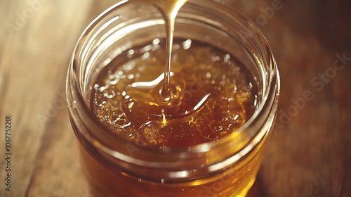 Golden honey pouring into glass jar on rustic wooden table