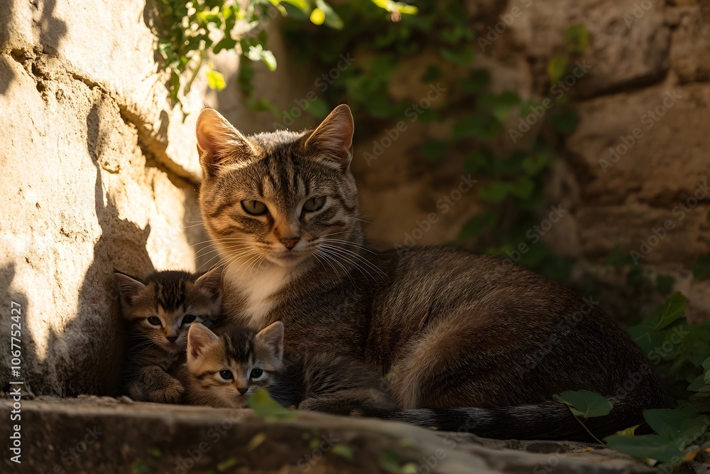Caring Mother Cat with Kittens in Natural Setting Caring Mother Cat with Kittens in Natural Setting