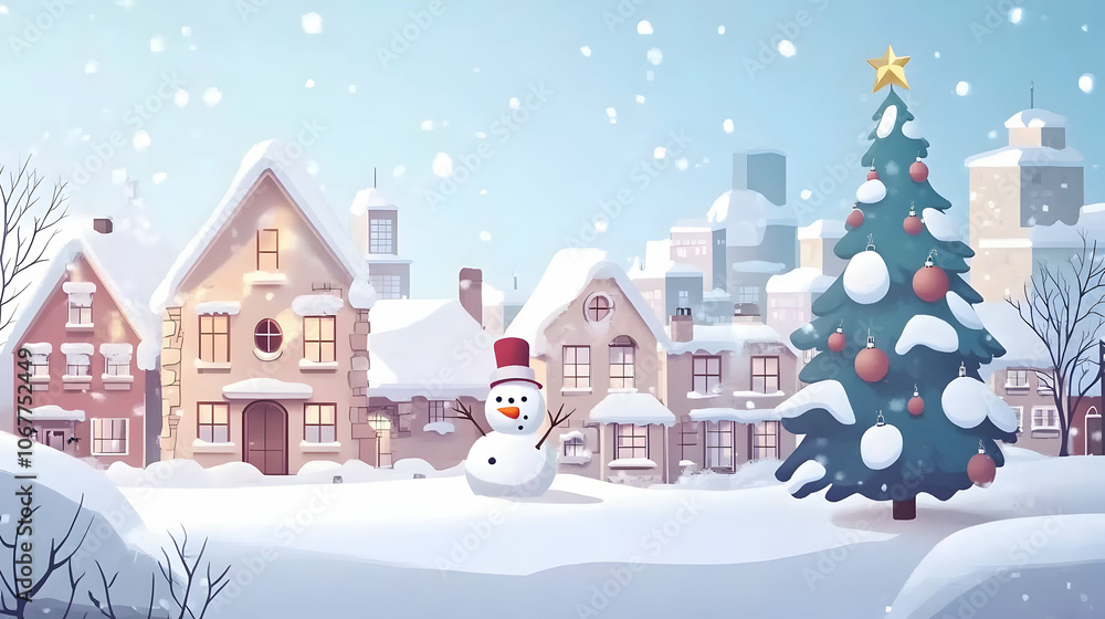 Cozy winter city scene with snowmen, houses, and Christmas tree - Cozy winter city scene with snowmen, houses, and Christmas tree -