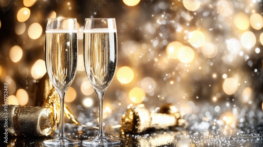 Two champagne glasses with golden bubbles, set against a festive background of sparkling bokeh lights, creating a celebratory atmosphere. Two champagne glasses with golden bubbles, set against a festive background of sparkling bokeh lights, creating a celebratory atmosphere.