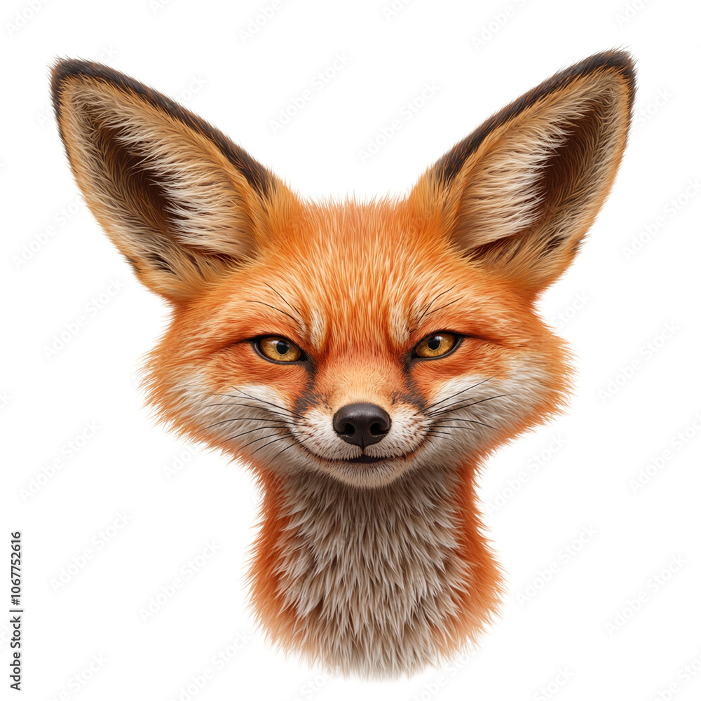 Fototapeta premium Sly fox with orange fur sharp ears and mischievous grin on white background