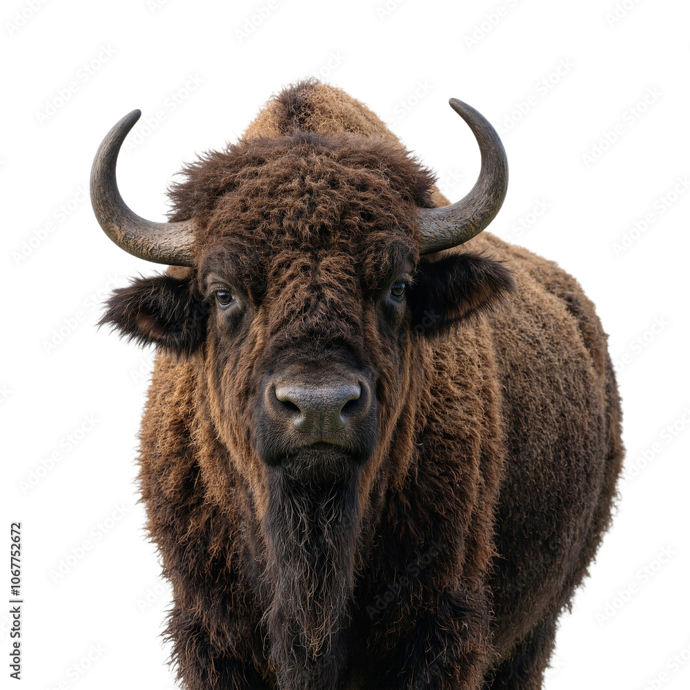 Majestic bison portrait with large horns on white background Majestic bison portrait with large horns on white background