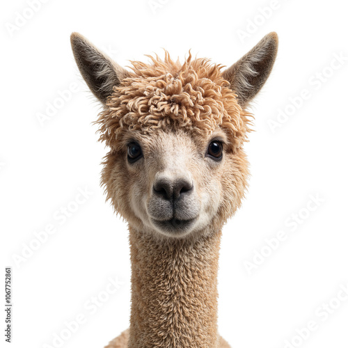 Fluffy alpaca with big eyes on white