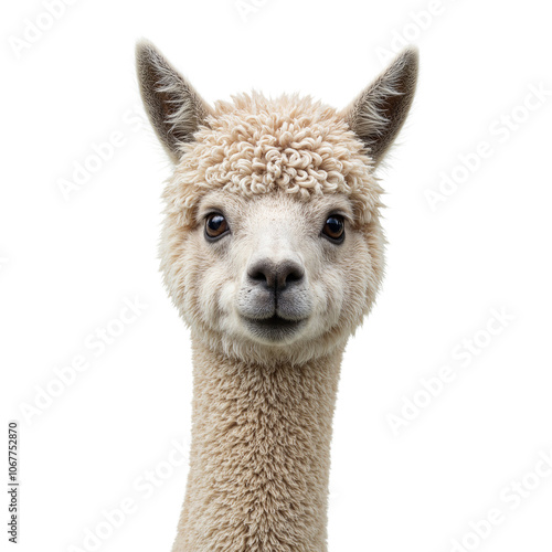 Fluffy alpaca with big eyes on white photo