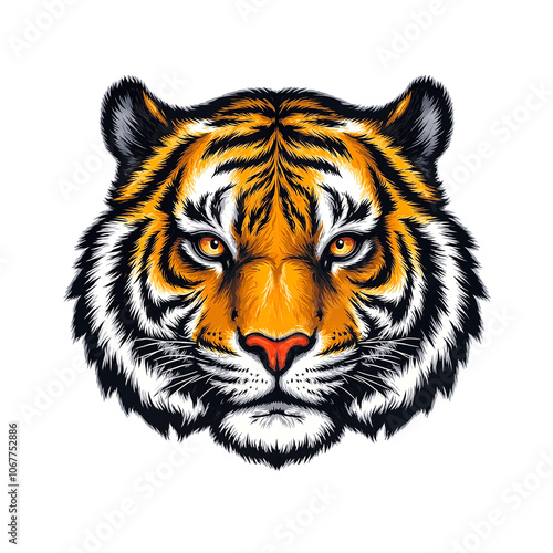 Powerful tiger headshot with intense gaze orange stripes and sleek whiskers on white background