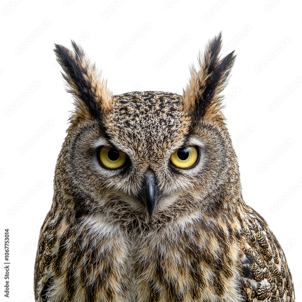 Majestic great horned owl with piercing yellow eyes on white backdrop Majestic great horned owl with piercing yellow eyes on white backdrop