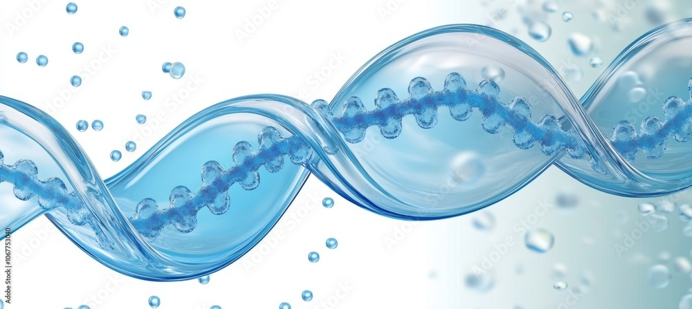 Abstract 3D Render of a DNA Strand Composed of Clear Blue Water Droplets on a Soft Blue Background Abstract 3D Render of a DNA Strand Composed of Clear Blue Water Droplets on a Soft Blue Background